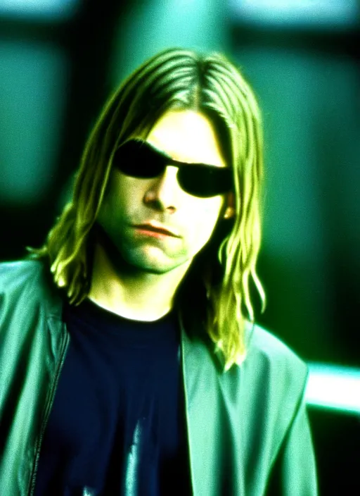 Image similar to film still of kurt cobain as neo in the movie the matrix, full-shot, 4k