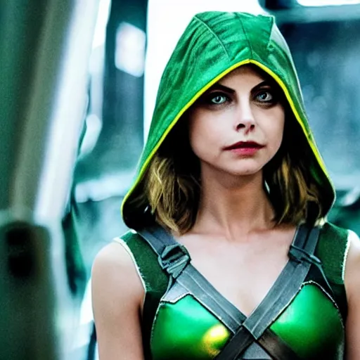 Image similar to film still of willa holland as an attractive female green arrow in the 2 0 1 7 film justice league, bleach blonde hair, focus on facial details, minimal bodycon feminine costume, dramatic cinematic lighting, inspirational tone, suspenseful tone, promotional art