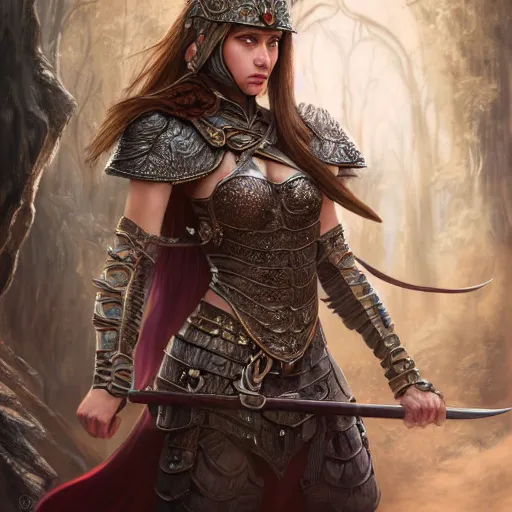 Image similar to a picture of a female warrior standing in an enchanted castle, high fantasy, elegant, epic, detailed, intricate, digital painting, concept art, realistic detailed face, smooth, focus, rim light, detailed 8 5 mm f / 1. 4, anamorphic lens