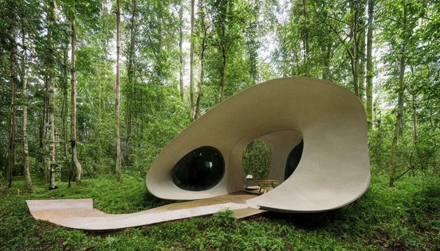 Image similar to A unique innovative sea ranch style creative cabin in a lush green forest with soft rounded corners and angles, 3D printed line texture, made of cement, connected by sidewalks, public space, and a park, Design and style by Zaha Hadid, Wes Anderson and Gucci