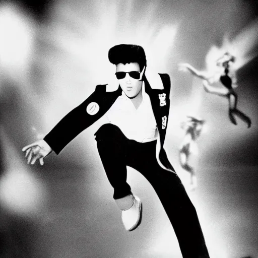 Image similar to black and white photograph of elvis on drugs dancing, aliens from another planet in the background