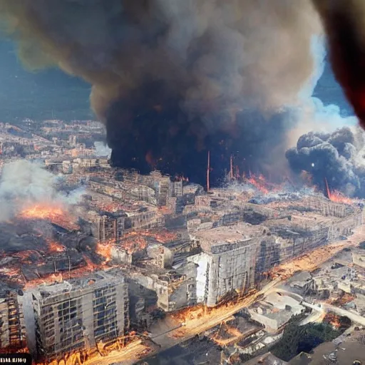 Image similar to a city is getting destroyed with fire and buildings are breaking a man from higher elevation looking at city detailed