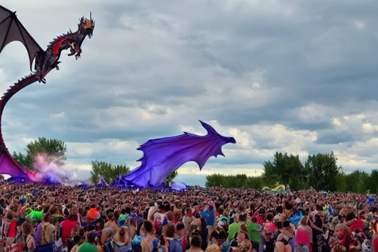 Image similar to A dragon wreaking havoc at a music festival in Saskatchewan