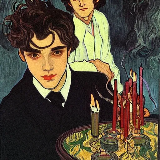 Image similar to painting of young cute handsome beautiful dark medium wavy hair man in his 2 0 s named shadow taehyung and cute handsome beautiful min - jun together at the halloween party, bubbling cauldron, candles, smoke, tarot, autumn colors, elegant, stylized, soft facial features, delicate facial features, art by alphonse mucha, vincent van gogh, egon schiele