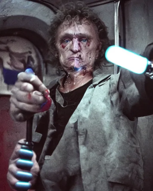 Prompt: movie villain, actor david patrick kelly, 2 5 years old, practicing with his glowing nunchucks while riding a post apocalyptic subway train filled with mutants, movie dreamscape