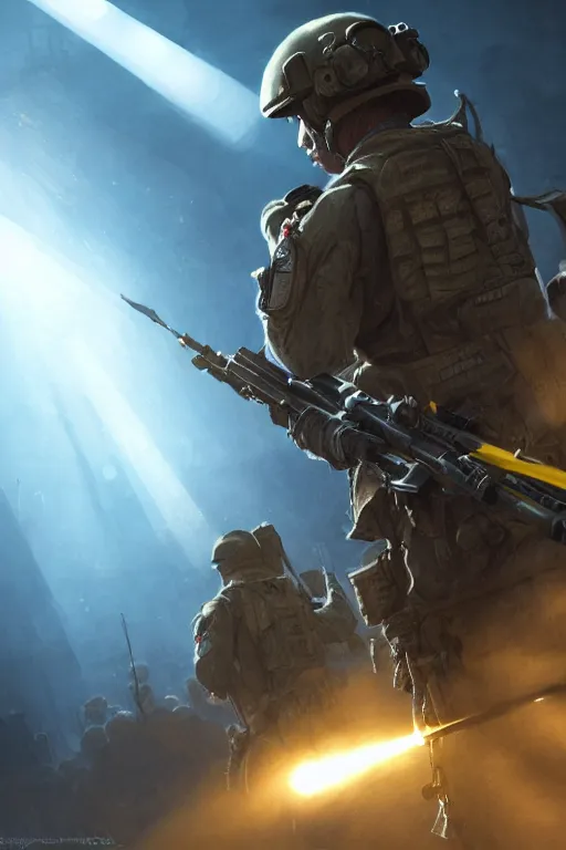 Prompt: a cinematic shot of a special forces unit with blue and yellow flag and standing ready to fight, masculine figure, d & d, fantasy, bright atmosphere, volumetric lights, intricate, elegant, extremely detailed, digital painting, artstation, concept art, matte, smooth, sharp focus, hyper realistic, illustration, art by artgerm and greg rutkowski and alphonse mucha