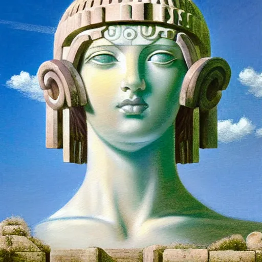 Image similar to beatiful young greek godess in steel helmet looking from a giant Zeus head, greek temple of olympus glory island little wood bridge painting of tower ivy plant in marble late afternoon light, wispy clouds in a blue sky, by frank lloyd wright and greg rutkowski and ruan jia