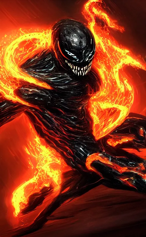 Image similar to venom as ghost rider, dynamic lighting, photorealistic fantasy concept art, trending on art station, stunning visuals, terrifying, creative, cinematic