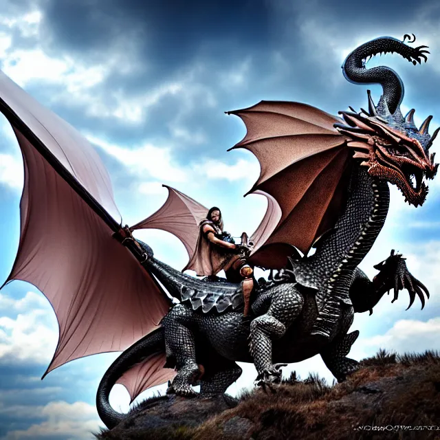 Image similar to knight riding a dragon, highly detailed, 8 k, hdr, smooth, sharp focus, high resolution, award - winning photo