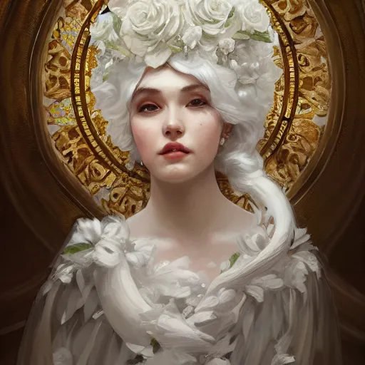 Image similar to a sweet queen with a decorated dress made of white cotton roses and white and cream plumes of swan, highly detailed, digital painting, Trending on artstation , HD quality, by artgerm and greg rutkowski and alphonse mucha, dramatic light, octane