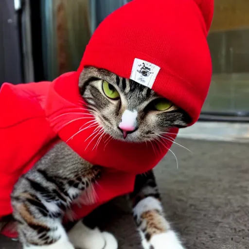 Image similar to a cat wearing a red beanie and a red hoodie