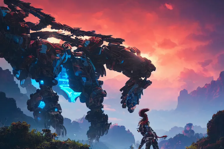 Image similar to ravager machine mecanical creature robot of horizon forbidden west horizon zero dawn radiating a glowing aura global illumination ray tracing hdr fanart arstation by ian pesty and alena aenami artworks in 4 k