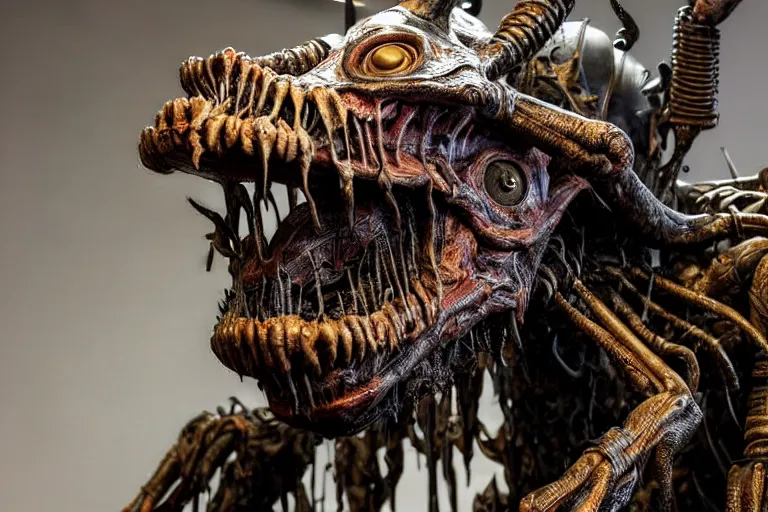 Image similar to photo taken of an epic intricate, ultra detailed, super realistic gritty, hero prop, exquisitely weathered animatronic movie prop of a lifelike sculpture of a nightmarish hellish alien creature displayed in the workshop, created by weta workshop, full body shot, photorealistic, sharp focus