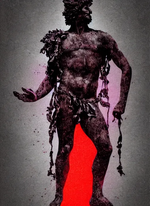 Image similar to elegant dark design poster showing a large greco roman statue of dionysus, black background with very subtle red and purple design elements, bold, powerful, soft gradients, nekro, vito acconci, thin straight purple lines, dark, glitch art, neo vaporwave, gritty, layout frame, square, trending on artstation