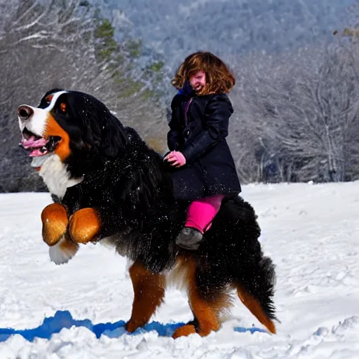 Image similar to girl riding giant Bernese Mountain Dog in the snow