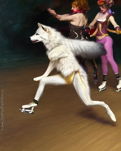 Image similar to white female anthro wolf skating at a roller derby, 4 k, furaffinity, trending on artstation, energetic, speed, motion blur, by gaston bussiere, sakimichan, j. c. leyendecker, gustav klimt, artgerm, greg rutkowski, alphonse mucha