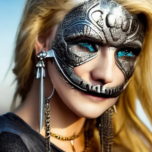 Image similar to A new dark hero for blockbuster movies. A blonde dreaded beauty with a mask of silver skulls, engraved with ancient and ultra-detailed patterns. Attractive eyes. A fearless smile. Blurred background. Earrings. Gold. Aztecs. Inca. Mexico.