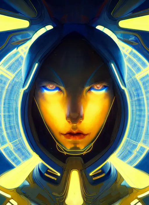 Prompt: symmetry portrait, sci - fi, tech wear, blue and yellow glowing lights, intricate, elegant, highly detailed, digital painting, artstation, concept art, smooth, sharp focus, illustration, art by artgerm and greg rutkowski and alphonse mucha