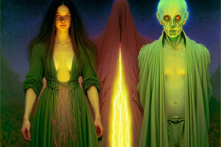 Image similar to the female arcanist and the male artificer by albert bierstadt and gerald brom and zdzisław beksinski and james gilleard and wayne barlowe and marc simonetti and jean delville, beautiful, robes, highly detailed, hyperrealistic, intricate, energy, electricity, blue flame, low light, green crystal, high contrast