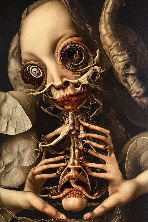 Image similar to Detailed maximalist portrait with large lips and with large wide eyes, surprised expression, surreal extra flesh and bones, HD mixed media, 3D collage, highly detailed and intricate, illustration in the golden ratio, in the style of Caravaggio, dark art, baroque