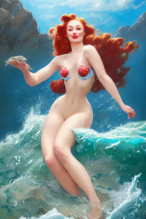 Image similar to sophie turner as the little mermaid splashed onto a rock ocean wave by Gil Elvgren Stanley Artgerm Lau, WLOP, James Jean, Andrei Riabovitchev, Marc Simonetti, Yoshitaka Amano, ArtStation, CGSociety, cinematic lighting, shining eyes, art nouveau