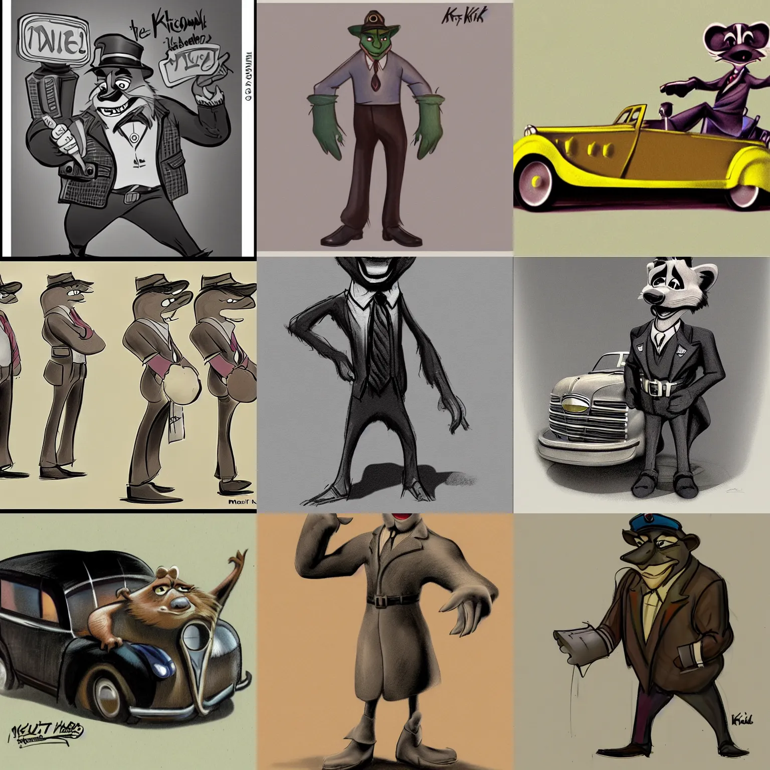 Prompt: character design concept art by Milt Kahl of a raccoon taxi driver from the 1930s 3d render