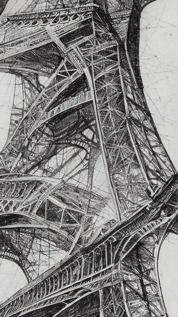 Image similar to architectural design studies of Eiffel tower, schematics, notes, different closeup view, drawn by Leonardo da Vinci, chinese inkpen draw, artistic, intricated details