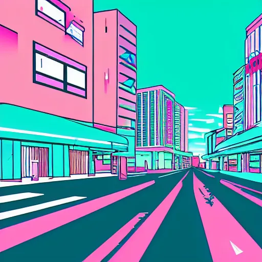 Image similar to city drawn in vaporwave art style