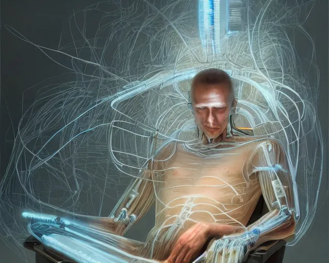 Prompt: a hyperrealistic painting of a human cyborg sitting in a chair with limbs stretched out, tied with electrical cables connected to supercomputers, flood of images flowing from his head, tesseract, vitruvian man, by greg rutkowski and artgerm, trending on artstation, concept art, insane details, zoomed out