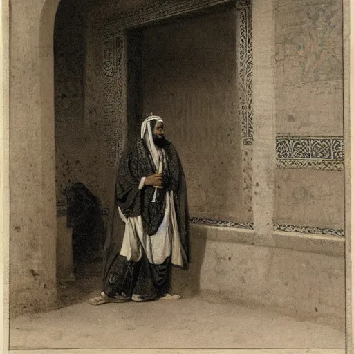 Image similar to a man with somali facial features, long curly hair, on a simple background, inside a masjid, by frederick arthur bridgman