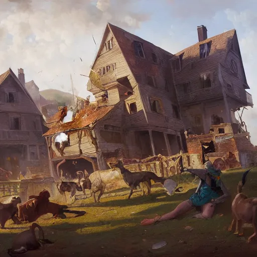 Prompt: a highly detailed oil painting of a giant rabbit smashing houses, renaissance, bystanders watching from the sides, 4 k, by greg rutkowski, artstation,