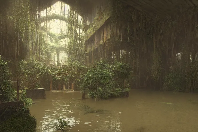 Prompt: flooded overgrown interior of storehouse, matte painting, oil painting, by beksinski and rutkovski, photoreal, highly detailed, hd, 8 k, unreal engine 5