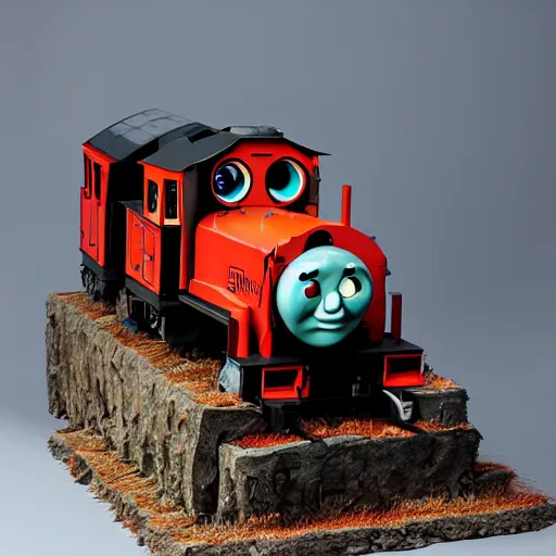 Image similar to zombie apocalypse thomas the tank engine sculpture