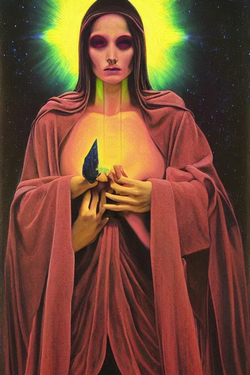 Image similar to gorgeous robed cult girl performing realism third eye ritual, positive dark theme night time, expanding energy into waves into the ethos, epic surrealism 8k oil painting, portrait, depth of field, perspective, high definition, post modernist layering, by Ernst Fuchs, Gerald Brom