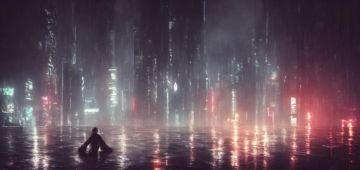 Image similar to shot of the roof with single man sitting on the edge during rain, below impressive cyberpunk night city during great rainy storm with lightning, nightscape, futuristic architecture, realistic photo, neons, blade runner, akira style, cinematic lighting, cinematic angles