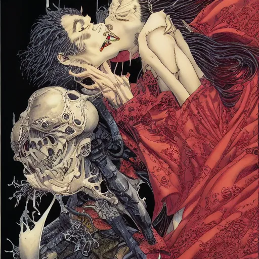 Image similar to closeup of vampire kiss, by yoichi hatakenaka, masamune shirow, josan gonzales and dan mumford, ayami kojima, takato yamamoto, karol bak