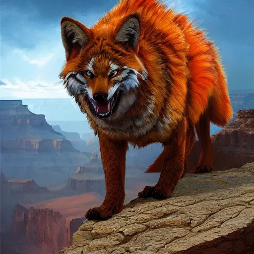 Prompt: Red Tiger Coyote Hybrid collar wearing feather crest paws tail eyes furry fuzzy standing atop grand canyon greg rutkowski greg danton tony sart raymond swanland chris foss chris cold christophe norman rockwell young acrylic 4k artstation wikiart wikipedia realism tilt-shift aspca national geographic