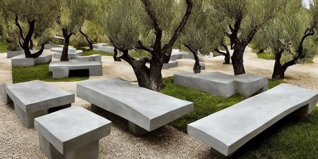 Image similar to creative concrete benches, colorful, olive trees