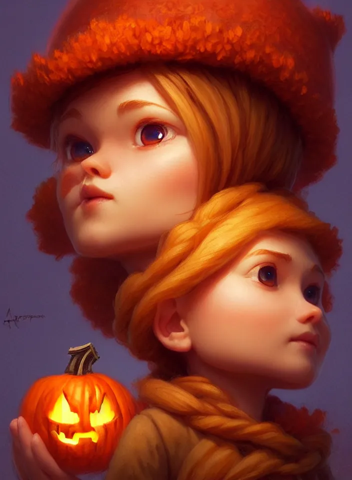 Image similar to hand drawn cute one gnomes face in autumn and pumpkin, detailed closeup face, concept art, low angle, high detail, warm lighting, volumetric, godrays, vivid, beautiful, trending on artstation, art by artgerm and greg rutkowski and alphonse mucha