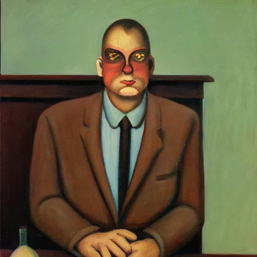 Prompt: gwar accountant, grant wood, pj crook, edward hopper, oil on canvas