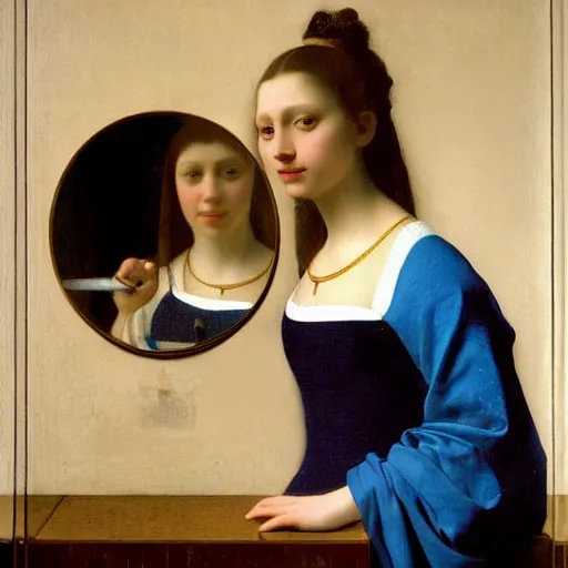 Image similar to a beautiful girl sees her reflection in a mirror : : highly detailed, beautifully lit, oil painting portrait by vermeer and bouguereau and waterhouse