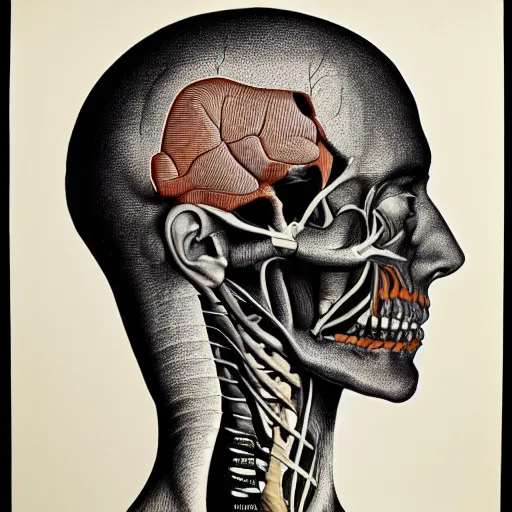 Image similar to head anatomical atlas dissection center cut, lithography on paper conceptual figurative ( post - morden ) monumental dynamic soft shadow portrait drawn by hogarth and escher, inspired by goya, illusion surreal art, highly conceptual figurative art, intricate detailed illustration, controversial poster art, polish poster art, geometrical drawings, no blur