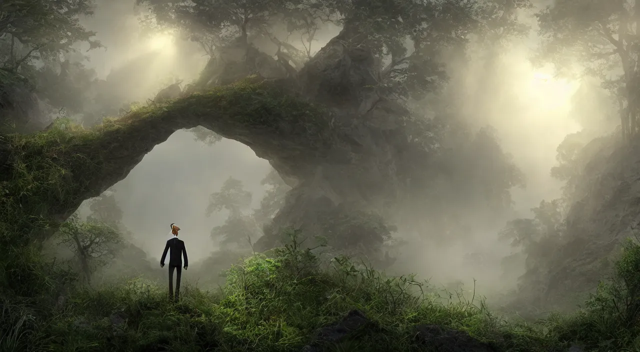 Prompt: photorealistic matte painting of mr burns standing far in misty overgrowth undergrowth jagged rock features volumetric fog light rays high contrast dawn