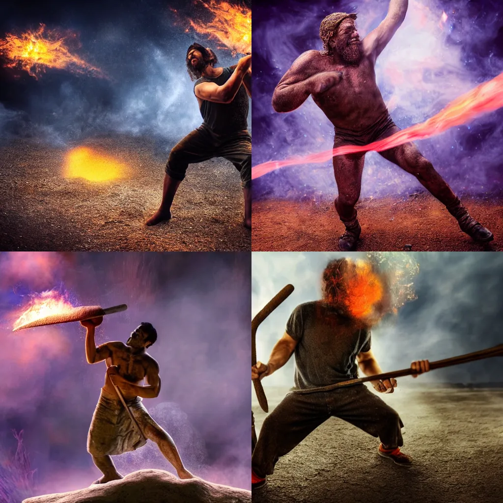 Prompt: a very strong blacksmith swinging his hammer he is made of psychedelic dust clouds dancing in the wind, hyper realistic, roaring fire, midday, realistic lighting, psychedelic dust, psychedelic dust, psychedelic dust, Very strong Blacksmith, photo realistic, 4k