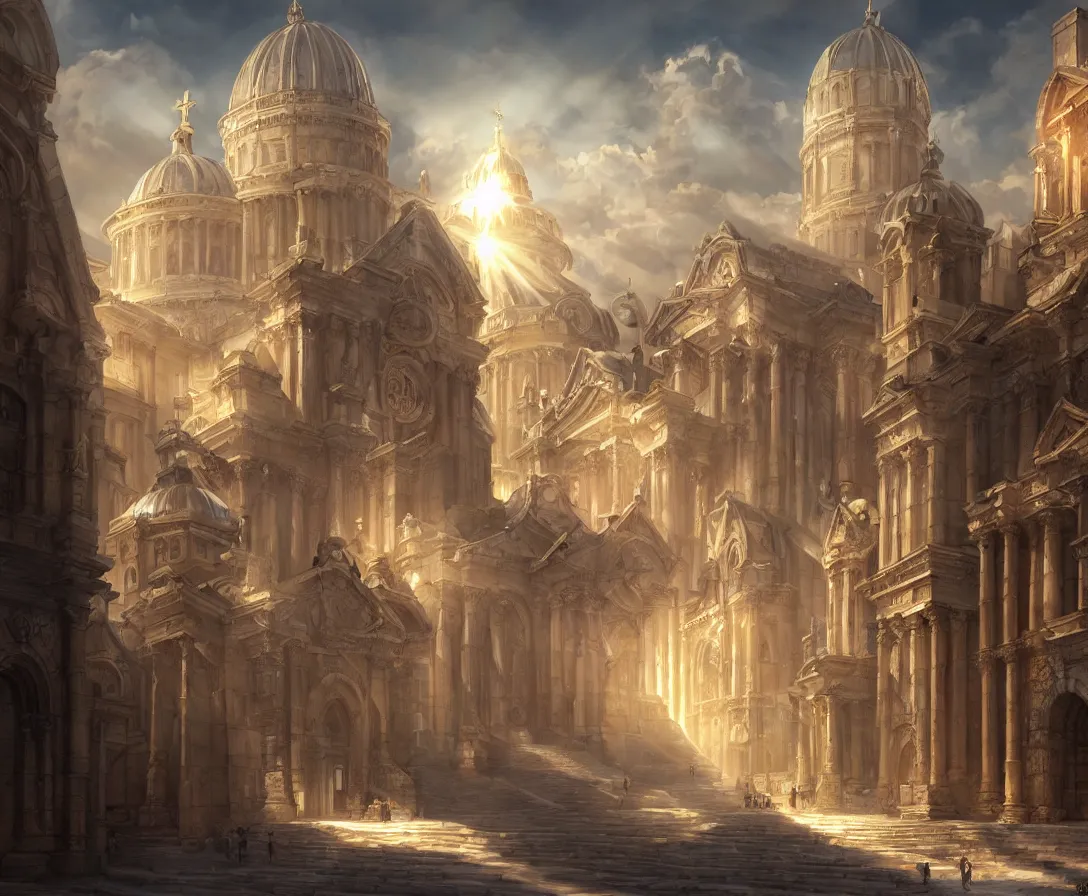 Image similar to highly detailed concept art of authoritarian pearly white medieval city, roman architecture with religious iconography, sunbeams, digital painting, fantasy, d & d, beautiful, illustration