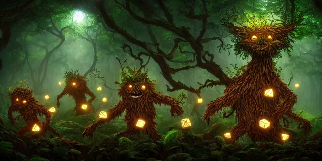 Prompt: anthropomorphic tree - creatures rolling cube dice in the forest, glowing energy, fantasy magic, by willian murai and jason chan and marco bucci, hyper detailed and realistic, illustration, sharp focus, cinematic, rule of thirds, forestpunk