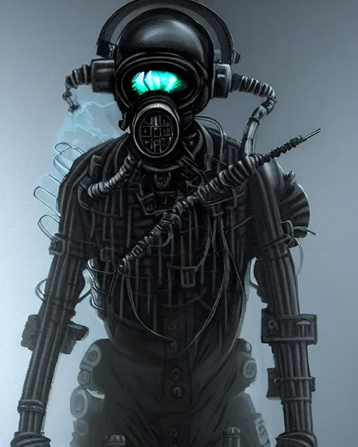 Prompt: portrait of dark haunted atomospheric detailed cyberpunk demon soldier with mechanical wires wearing cyberpunk gas mask from the netherealm smoke mist vapor foggy enviorment from by hr giger