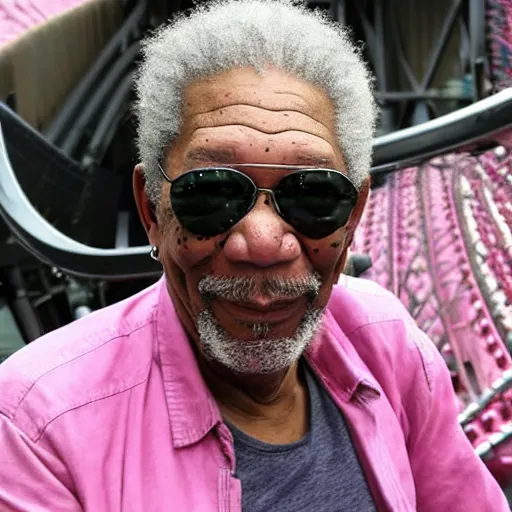 Image similar to morgan freeman with a pink mohawk and a nose ring riding a rollercoaster