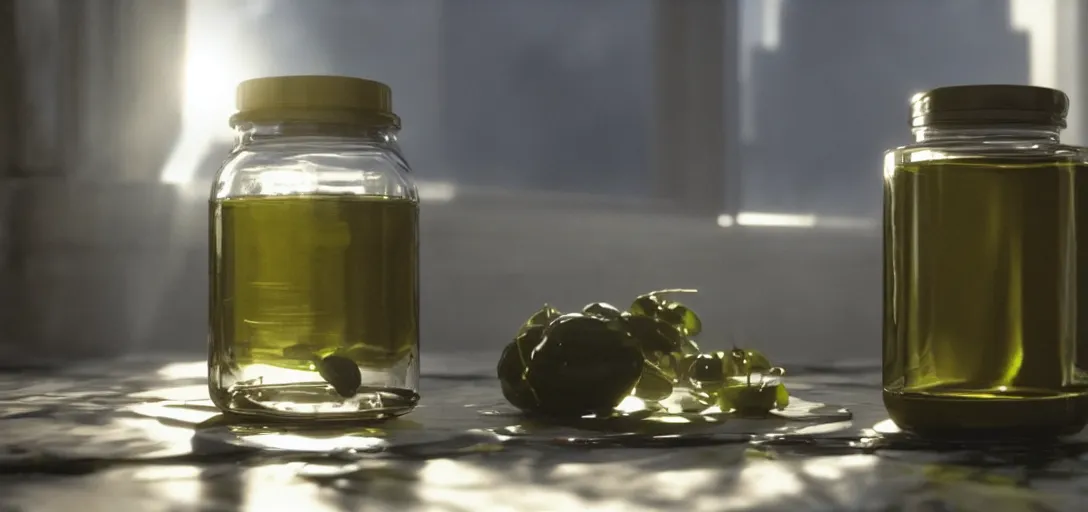 Image similar to a close - up of an nvidia gpu preserved in a jar of olive oil, foggy, sun rays, cinematic shot, photo still from movie by denis villeneuve, wayne barlowe