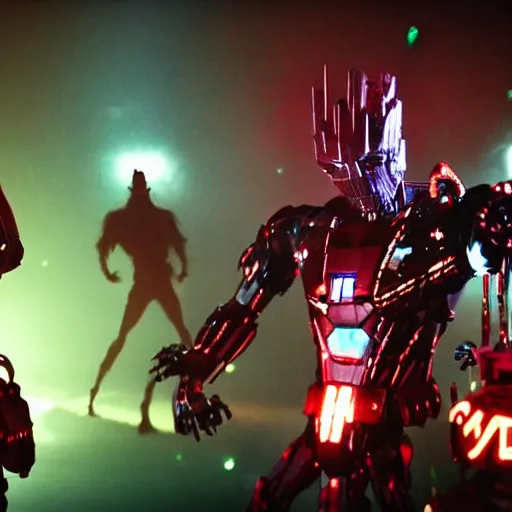 Image similar to groot and optimus prime dancing at techno party among people, wide shoot, after effect, ultra realistic